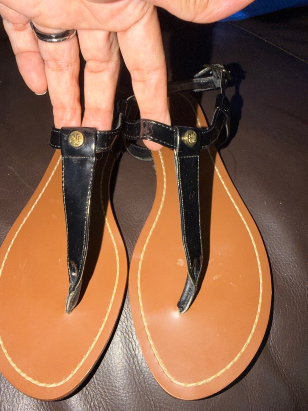 Ralph Lauren Black T-Strap Leather Sandals with Tan Footbed
